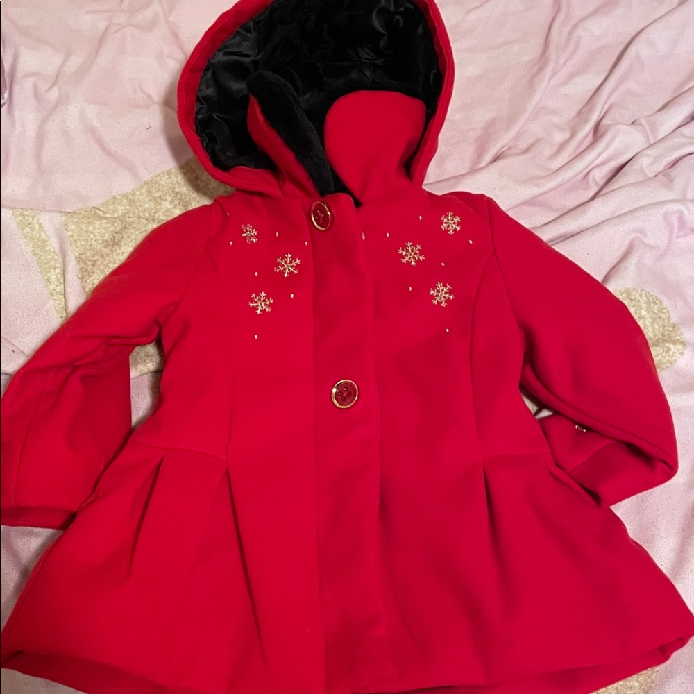 London Fog Red Kids Pea Coat with Snowflake Details